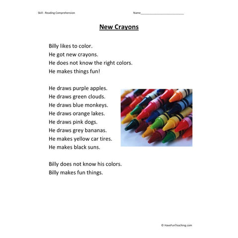 New Crayons Reading Comprehension Worksheet
