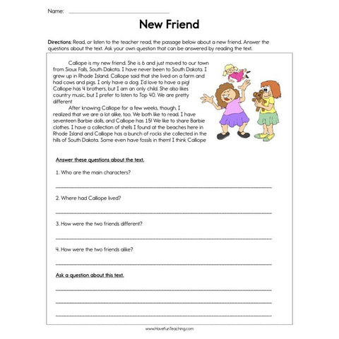 New Friend Reading Comprehension Worksheet