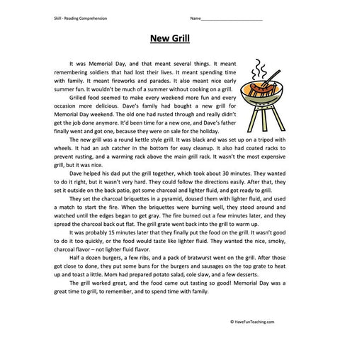 New Grill Reading Comprehension Worksheet