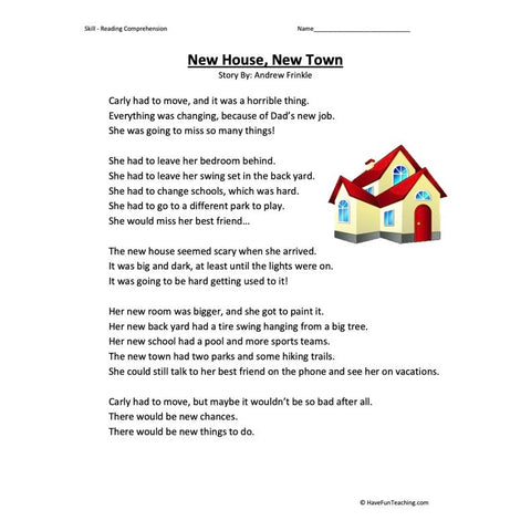 New House New Town Reading Comprehension Worksheet