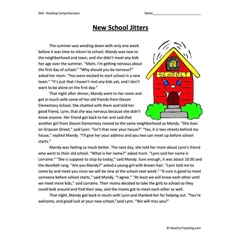 New School Jitters Reading Comprehension Worksheet