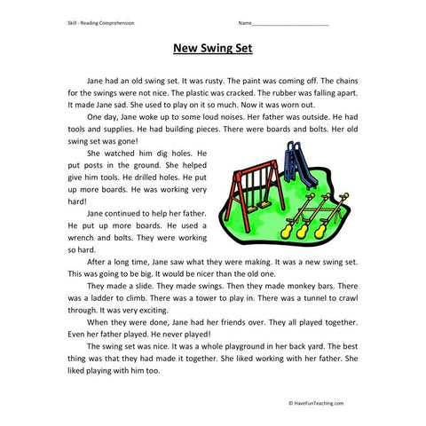 New Swing Set Reading Comprehension Worksheet