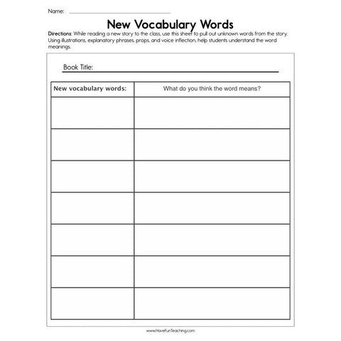 New Vocabulary Words Worksheet