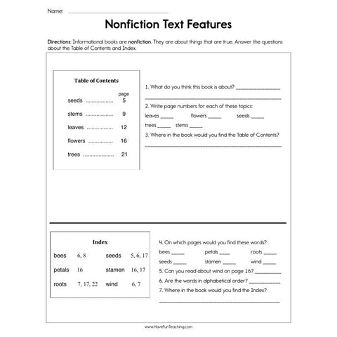 Non-Fiction Text Features Worksheet