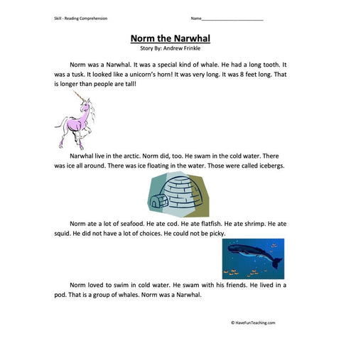 Norm the Narhwal Reading Comprehension Worksheet