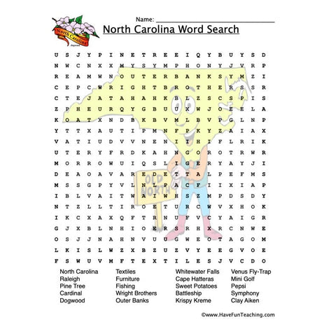 North Carolina Wordsearch Worksheet