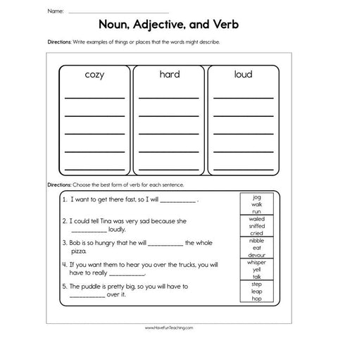 Noun Adjective and Verb Worksheet