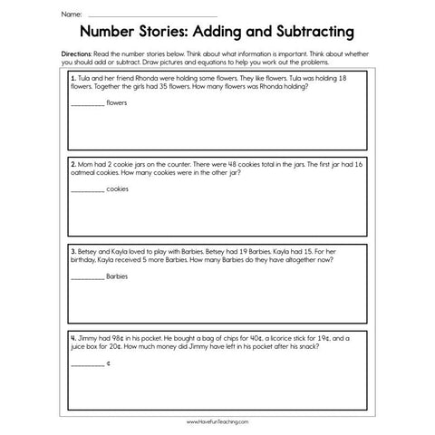 Number Stories Adding and Subtracting Worksheet