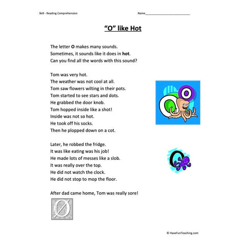 O Like Hot Reading Comprehension Worksheet
