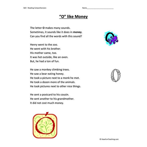 O Like Money Reading Comprehension Worksheet
