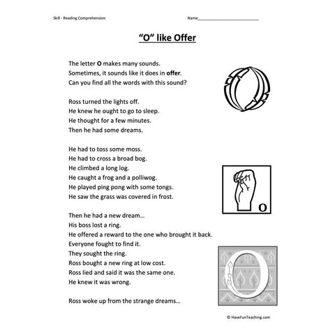 O Like Offer Reading Comprehension Worksheet
