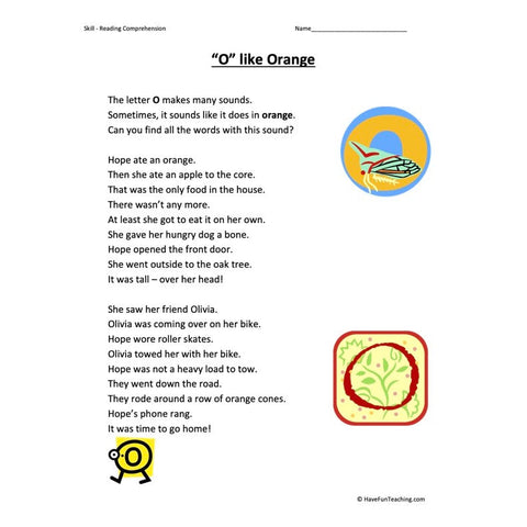 O Like Orange Reading Comprehension Worksheet