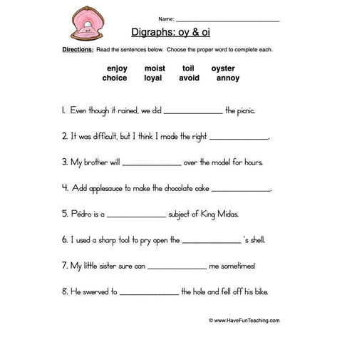 Oi Oy Digraphs Worksheet