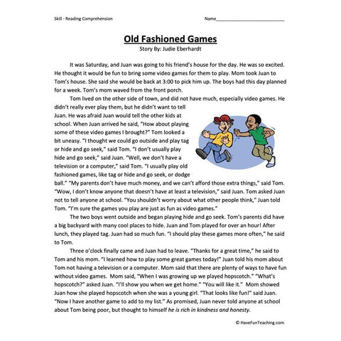 Old Fashioned Games Reading Comprehension Worksheet