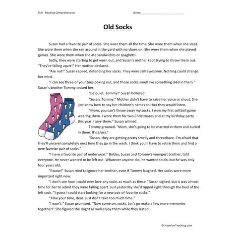 Old Socks Reading Comprehension Worksheet