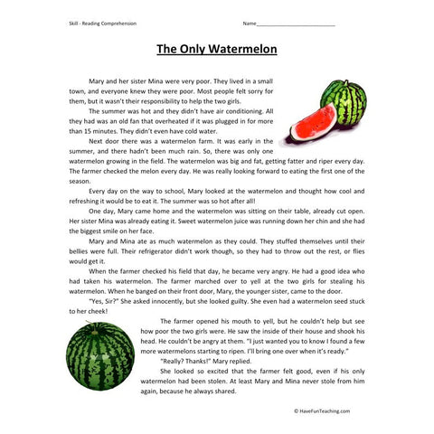 Only Watermelon Reading Comprehension Worksheet