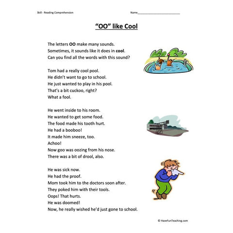 Oo Like Cool Reading Comprehension Worksheet