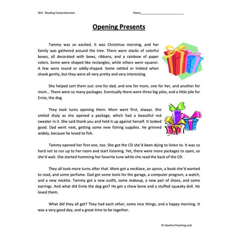 Opening Presents Reading Comprehension Worksheet