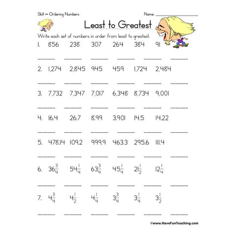 Ordering Numbers Worksheet