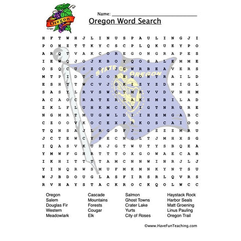 Oregon Wordsearch Worksheet