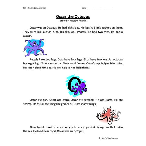 Oscar the Octopus Reading Comprehension Worksheet