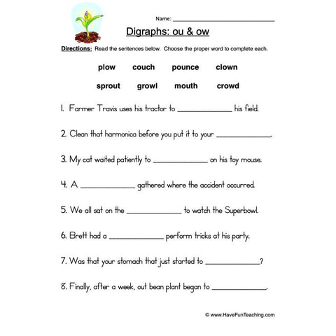 Ou Ow Digraphs Worksheet