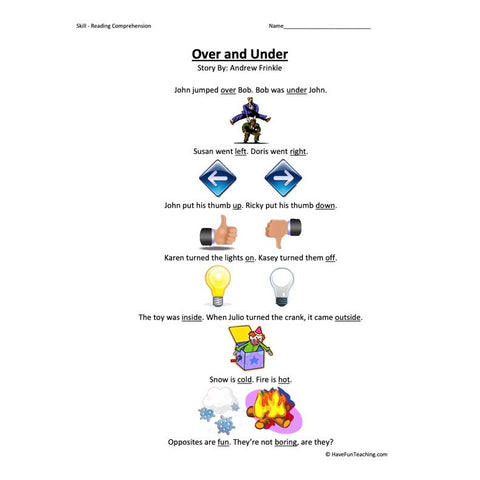 Over and Under Reading Comprehension Worksheet