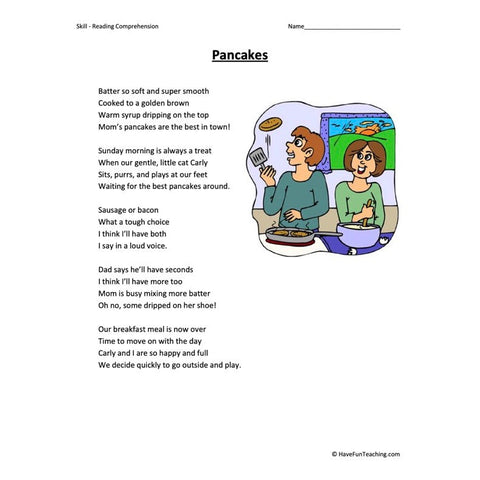 Pancakes Reading Comprehension Worksheet