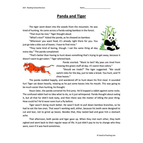 Panda and Tiger Reading Comprehension Worksheet