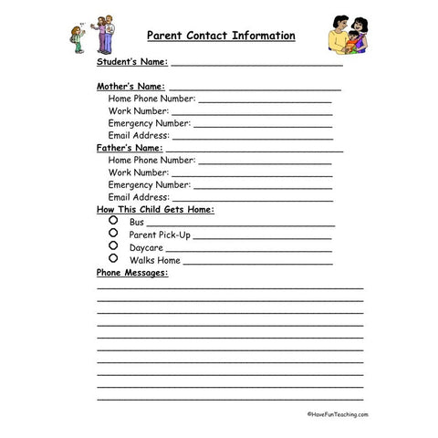 Parent Contact Worksheet