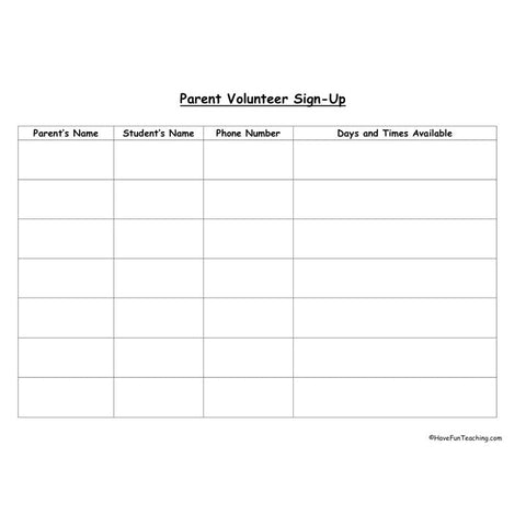 Parent Volunteer Worksheet