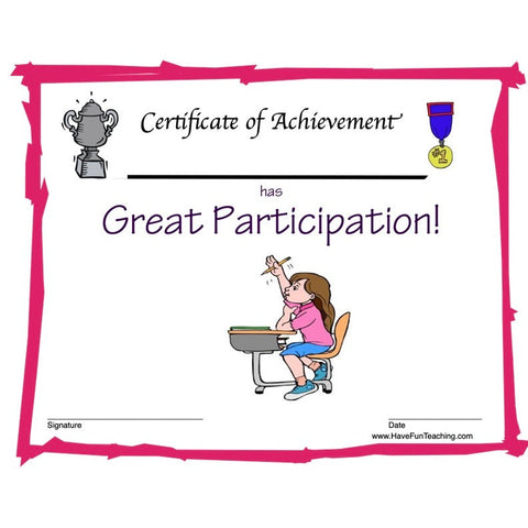Participation Girl Certificate Worksheet