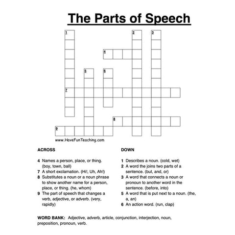 Parts of Speech Crossword Puzzle Worksheet