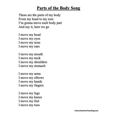 Parts of the Body Song Worksheet