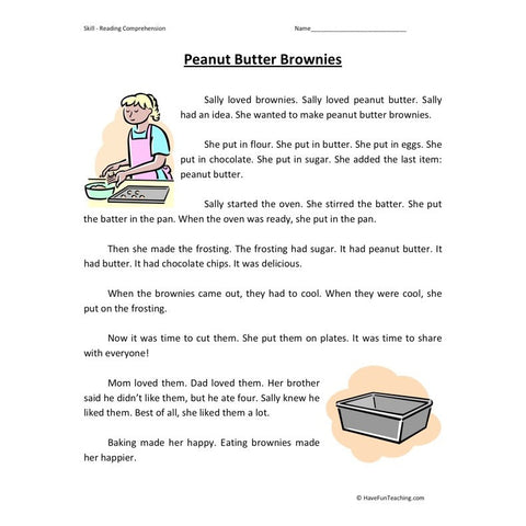 Peanut Butter Brownies Reading Comprehension Worksheet