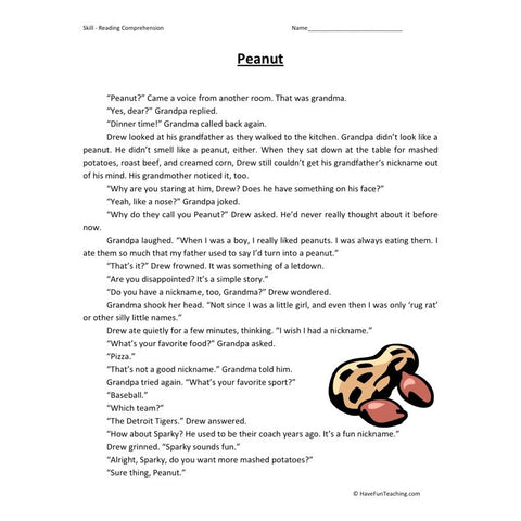 Peanut Reading Comprehension Worksheet