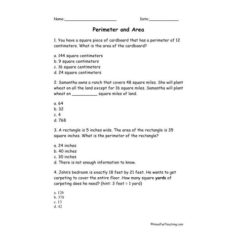 Perimeter and Area Quiz Worksheet