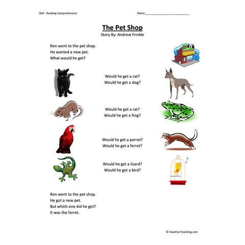Pet Shop Reading Comprehension Worksheet