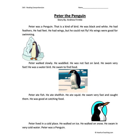 Peter the Penguin Reading Comprehension Worksheet