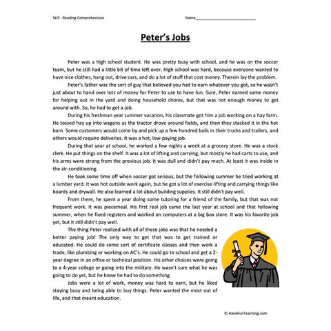 Peters Jobs Reading Comprehension Worksheet