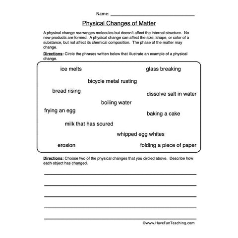Physical Changes Matter Worksheet