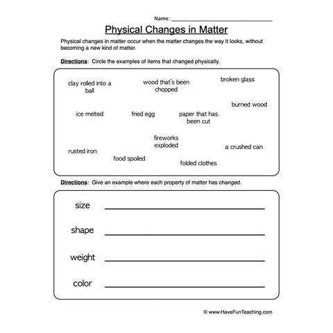 Physical Changes Worksheet