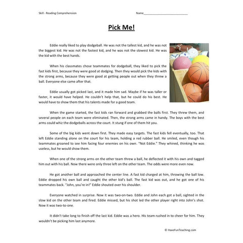 Pick Me Reading Comprehension Worksheet