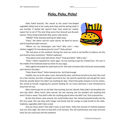 Picky Picky Picky Reading Comprehension Worksheet