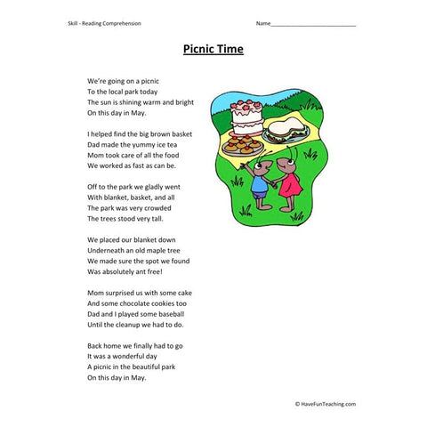 Picnic Time Reading Comprehension Worksheet