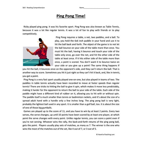 Ping Pong Time Reading Comprehension Worksheet