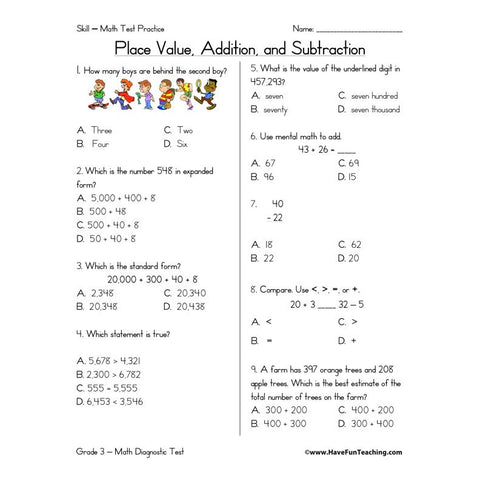Place Value Addition Subtraction Test Worksheet