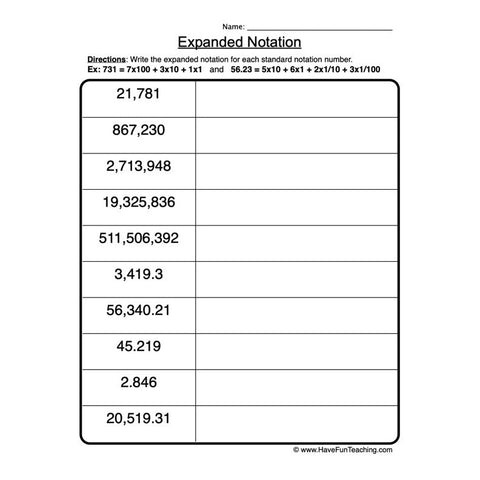 Place Value Standard Expanded Worksheet