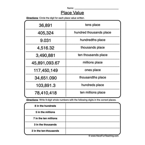 Place Value Worksheet 3