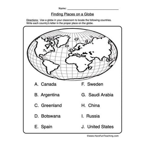 Places on Globe Worksheet